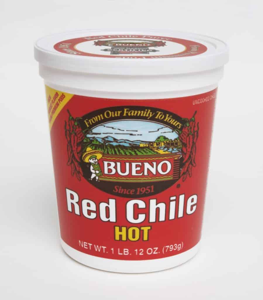 A 28 oz tub of frozen New Mexico Hot Red Chile Bueno Foods