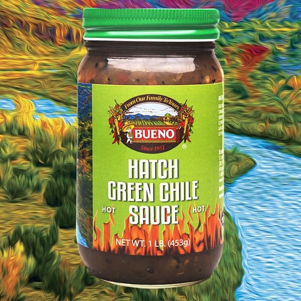 A 16 oz jar of Hatch Green Chile Hot Sauce