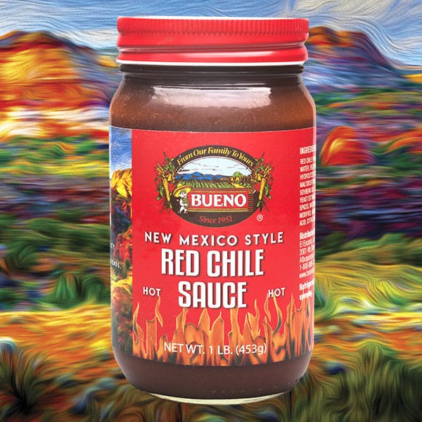 A Bueno Foods 16 oz jar of Red Chile Hot Sauce