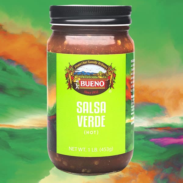 A 16 oz jar of Bueno Foods Salsa Verde