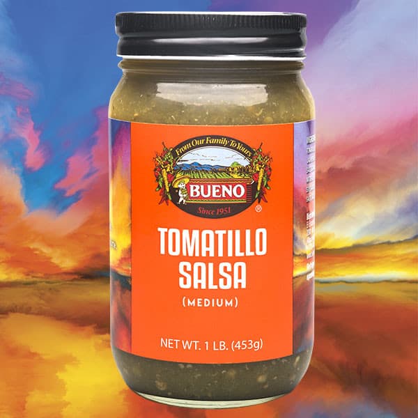A Bueno Foods 16 oz jar of Tomatillo Salsa
